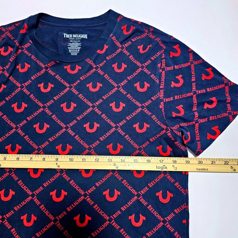 True Religion Mens Navy Blue Red All Over Logo Print T-Shirt 108050 Small NWT